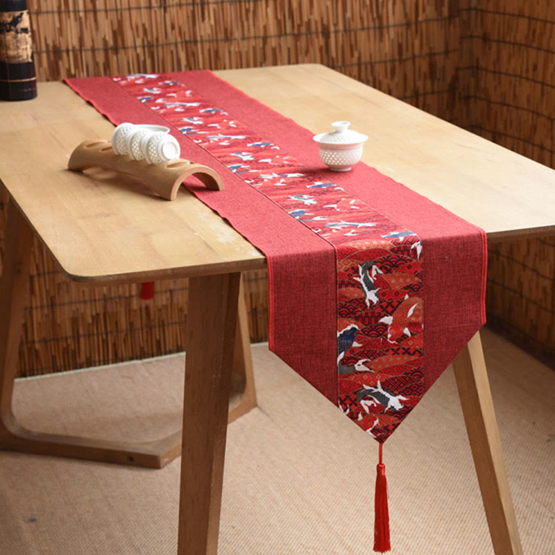 Buddha Stones Classic Chinese Style Lotus Koi Fish Flower Crane Calligraphy Enlightenment Cotton Linen Tassels Table Runner