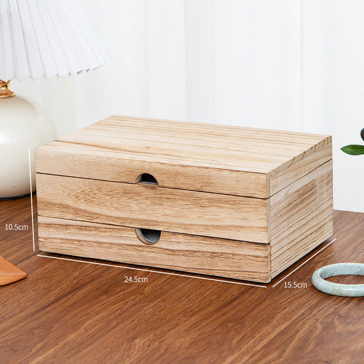 Buddha Stones Retro Beige Wooden Jewelry Box Two-Layer Jewelry Storage Box With Mirror