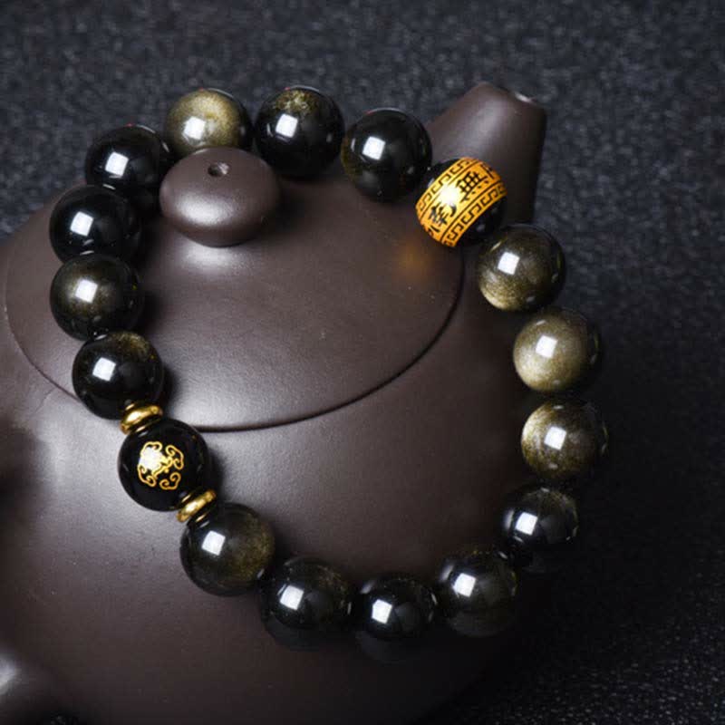 Chinese Zodiac Natal Buddha Gold Sheen Obsidian Wealth Protection Bracelet