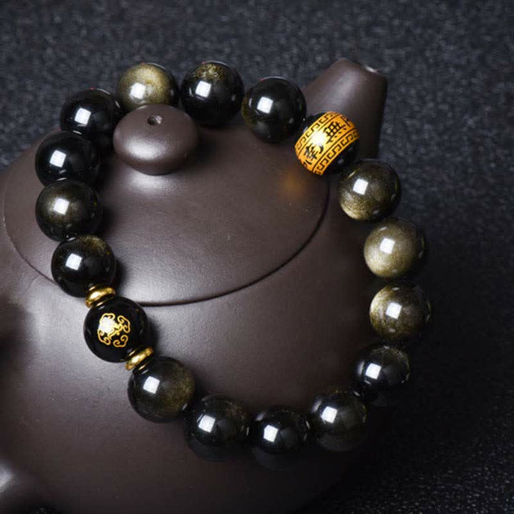 Chinese Zodiac Natal Buddha Gold Sheen Obsidian Wealth Protection Bracelet