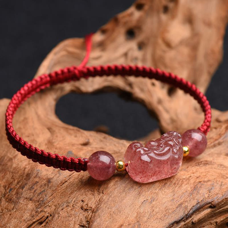 Buddha Stones Natural Strawberry Quartz PiXiu Lucky Red String Bracelet