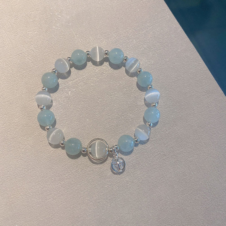 Buddha Stones 925 Sterling Silver Cat's Eye Aquamarine Support Charm Bracelet