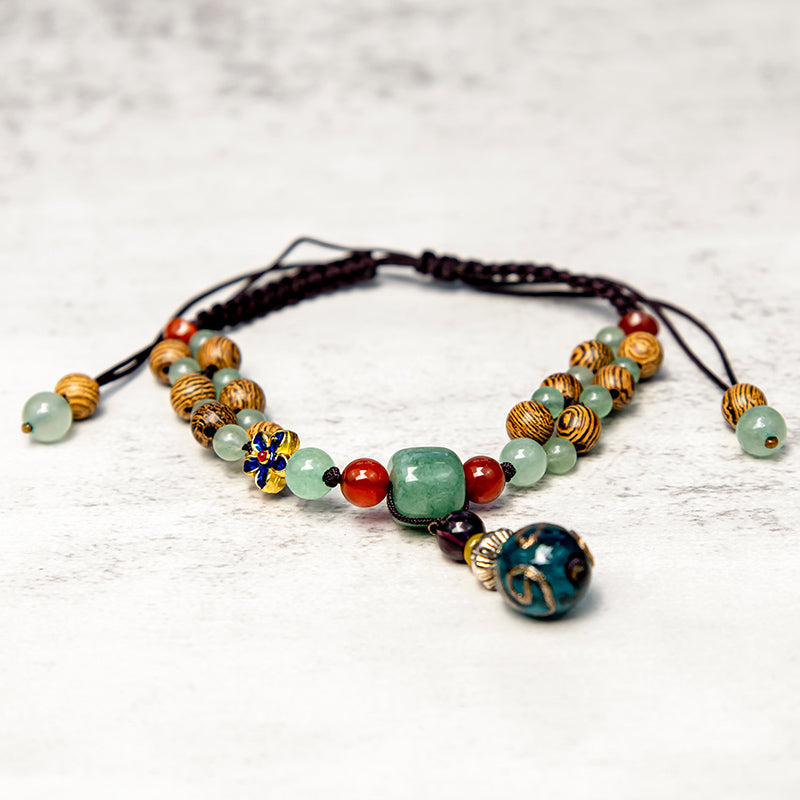 Buddha Stones Wenge Wood Green Aventurine Balance Protection Anklet