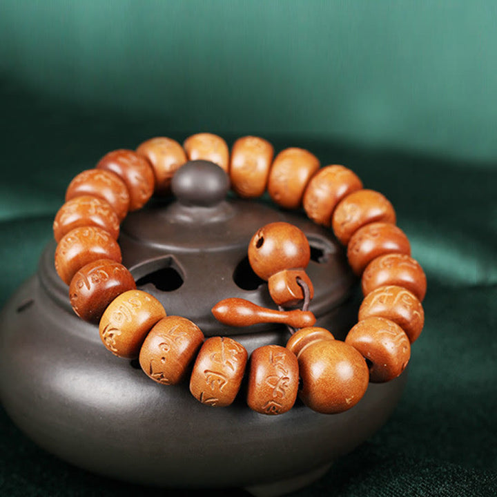 Buddha Stones Natural Tibetan Peach Wood Om Mani Padme Hum Engraved Ward Off Evil Spirits Bracelet