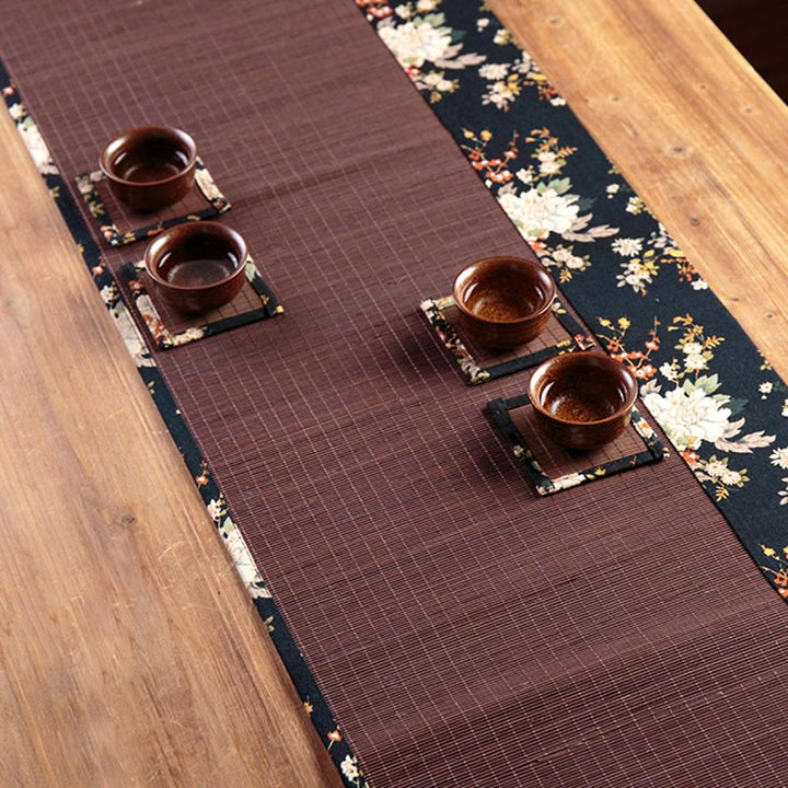 Buddha Stones Vintage Peony Flower Blossom Bamboo Cup Mat Pad Tea Cup Coaster Kung Fu Tea Mat