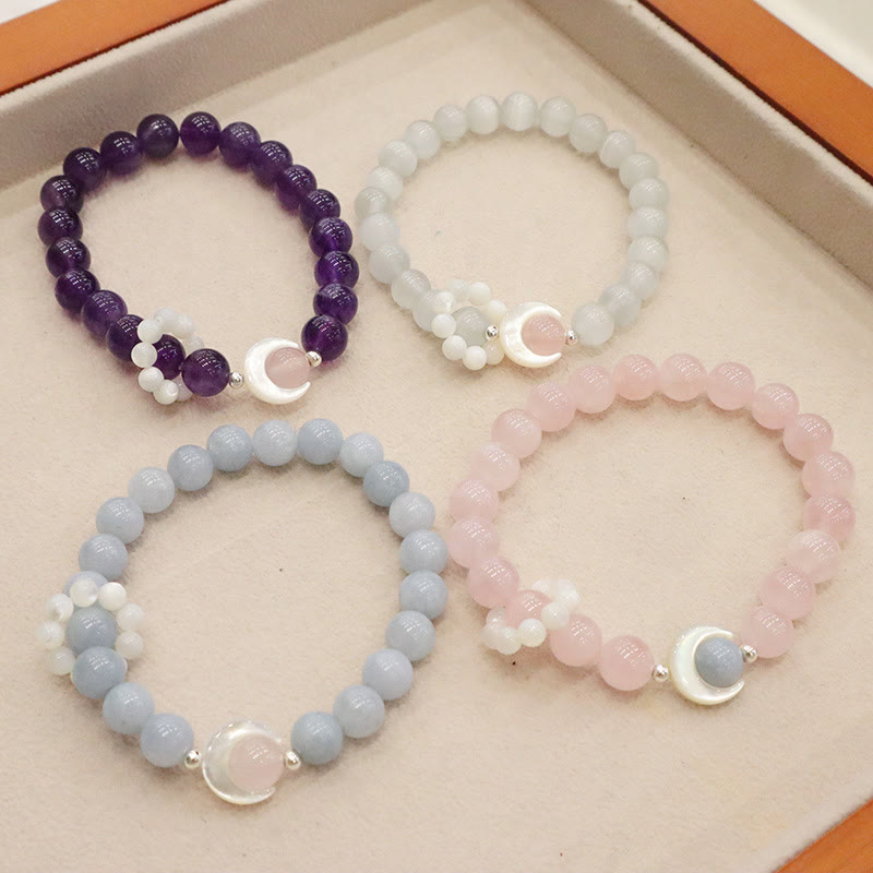 Buddha Stones 925 Sterling Silver Natural Amethyst Aquamarine Pink Crystal Cat's Eye Healing Crescent Moon Bracelet