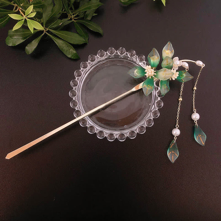 Flower Leaf Pearl Peace Tassel Hairpin