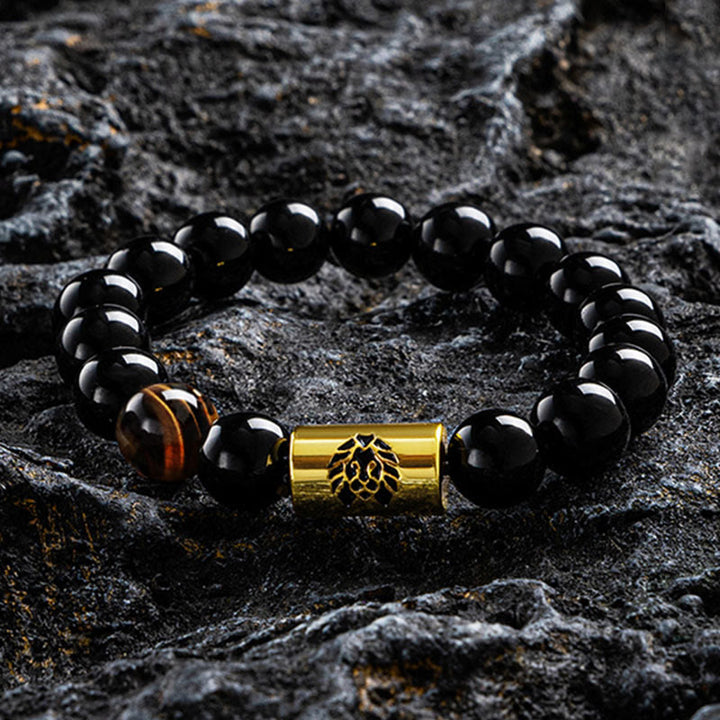 Buddha Stones Black Onyx Tiger Eye Bead Lion Engraved Protection Bracelet