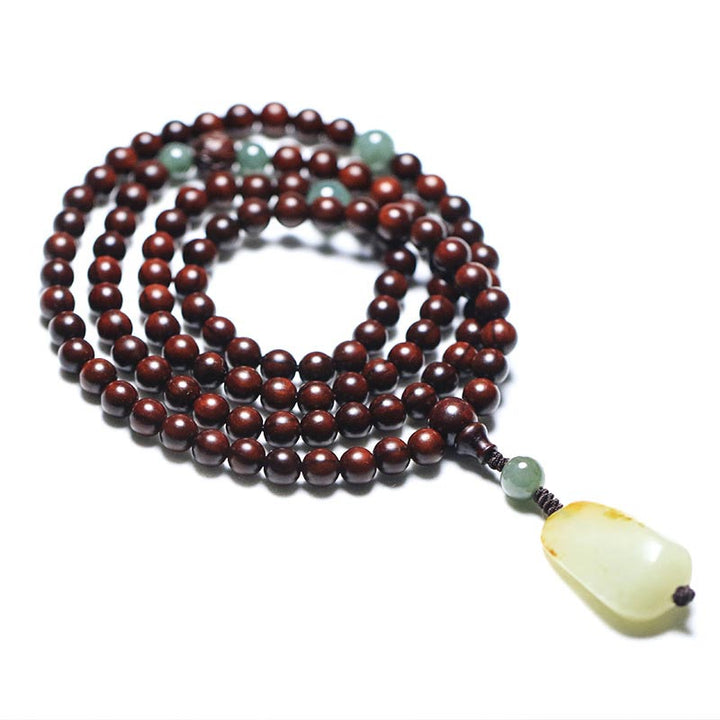 Buddha Stones Tibetan Small Leaf Red Sandalwood Jade Mala Meditation Bracelet