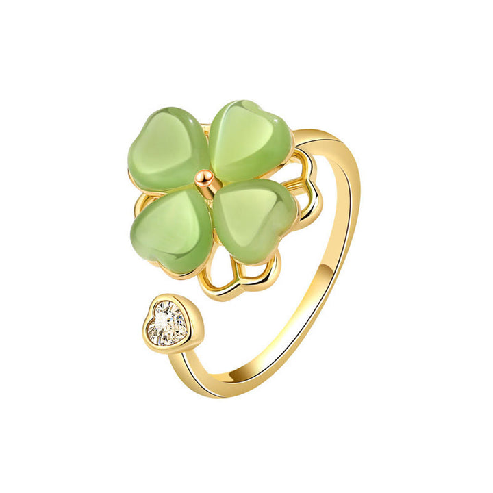 Buddha Stones Cat's Eye Four Leaf Clover Zircon Love Rotatable Ring