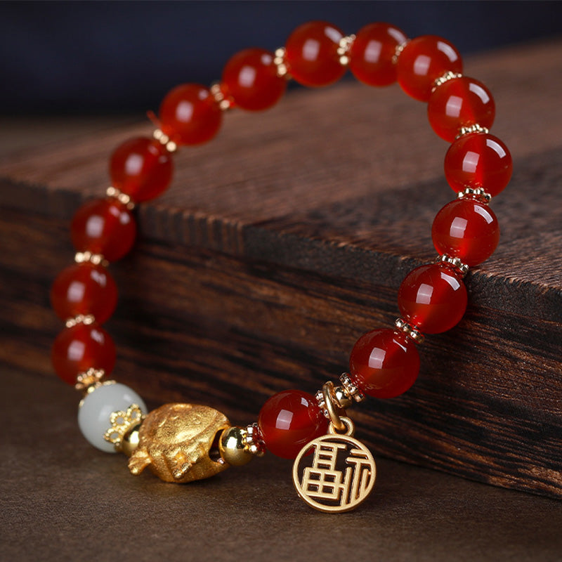 Buddha Stones Year Of The Dragon Red Agate Gray Agate Dumpling Luck Fu Character Bracelet