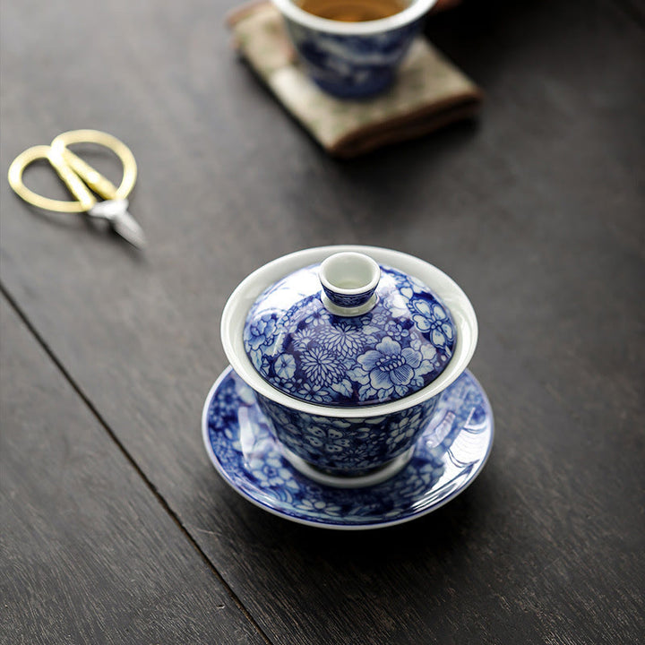 Buddha Stones Vintage Blue And White Porcelain Ceramic Gaiwan Sancai Teacup Kung Fu Tea Cup And Saucer With Lid