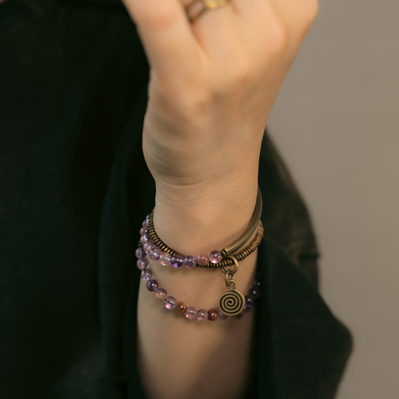 Buddha Stones Purple Phantom Red Hematoid Quartz Green Rutilated Quartz Copper Love Forgive Bracelet