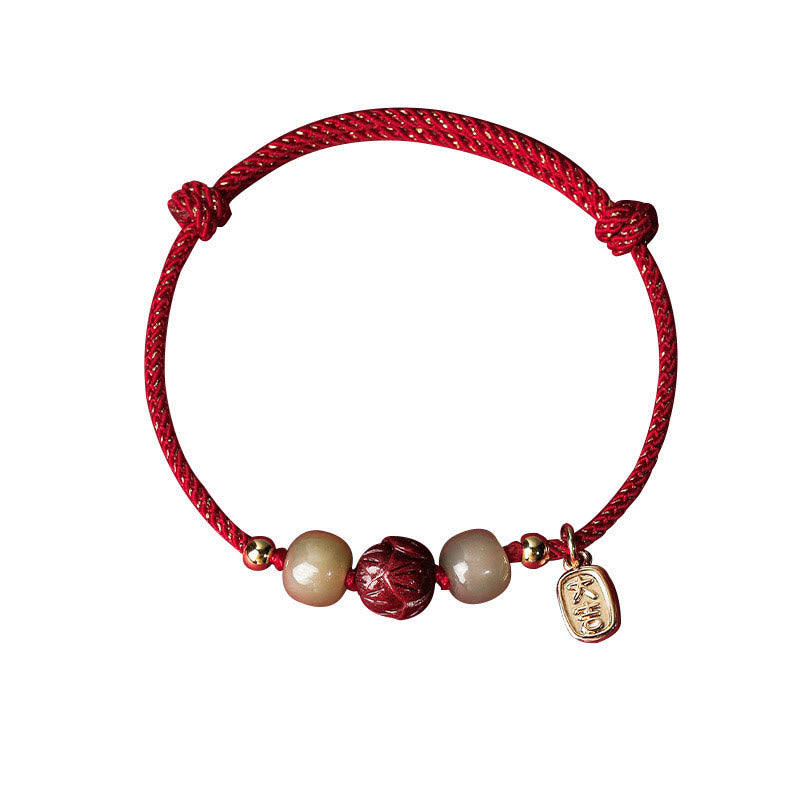 Buddha Stones 14K Gold Plated Hetian Jade Cinnabar Lotus Luck Handcrafted Rope Bracelet