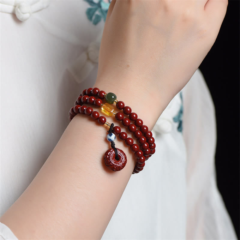 Tibetan Cinnabar Peace Buckle Triple Wrap Blessing Bracelet Mala