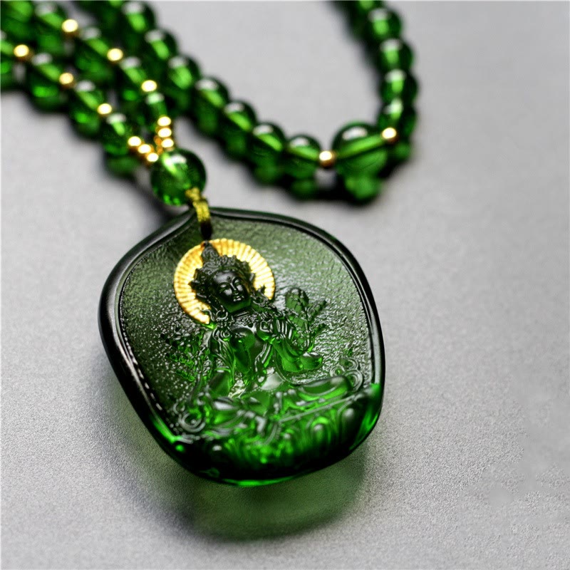 Buddha Stones Tibetan Green Tara Buddha Gold Plated Liuli Crystal Protection Necklace Pendant