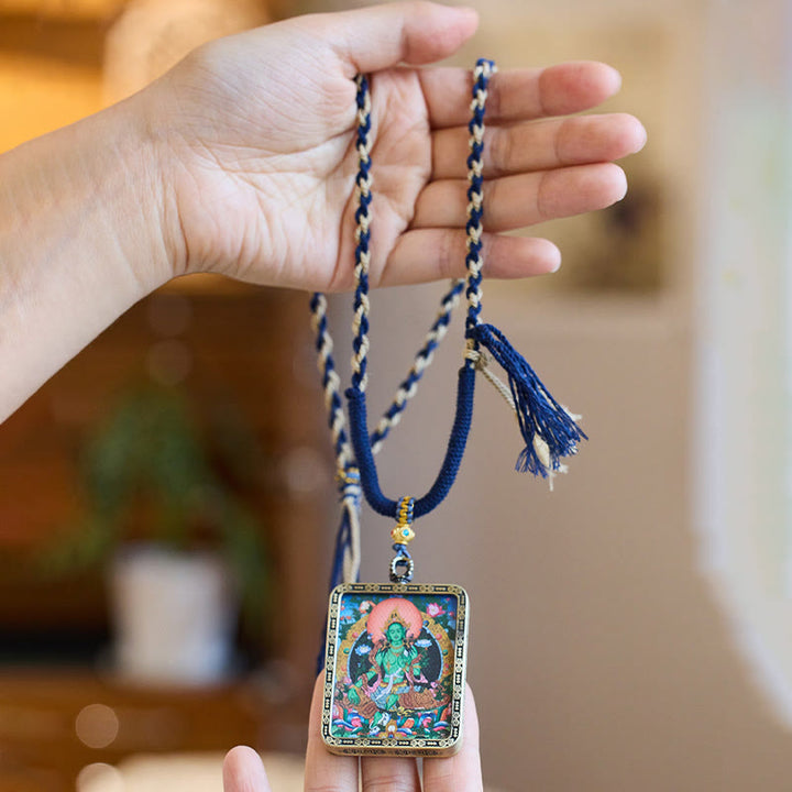 Buddha Stones Tibetan Green Tara Hand-Painted Thangka Buddha Protection Necklace Pendant