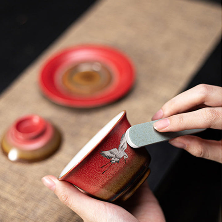 Buddha Stones Red Auspicious Crane Ceramic Gaiwan Sancai Teacup Kung Fu Tea Cup And Saucer With Lid