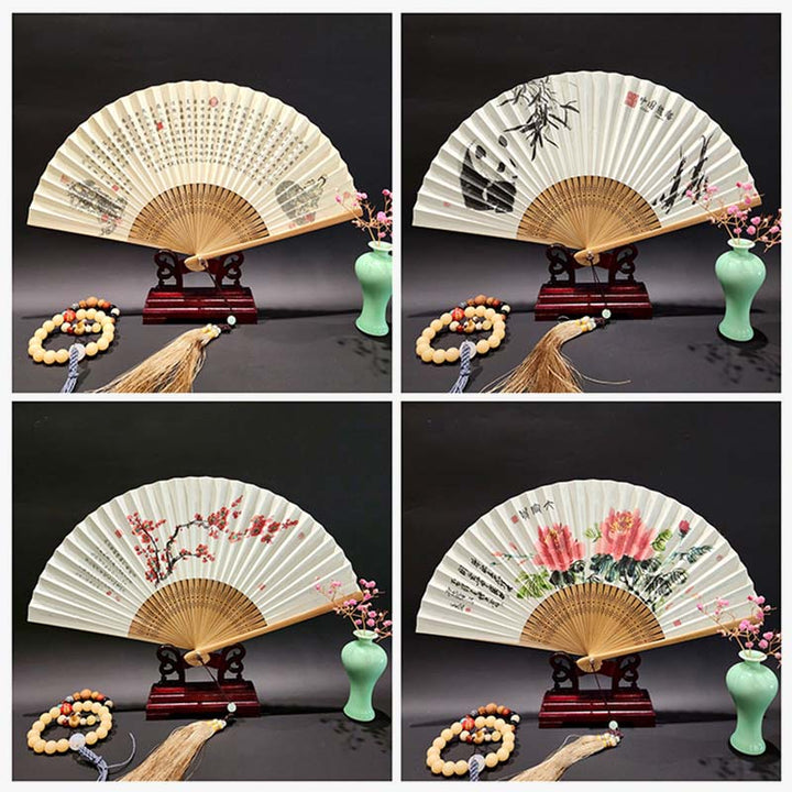 Buddha Stones A Panorama Of Rivers And Mountains Cranes Orchid Flower Paper Bamboo Handheld Silk Bamboo Folding Fan 22cm