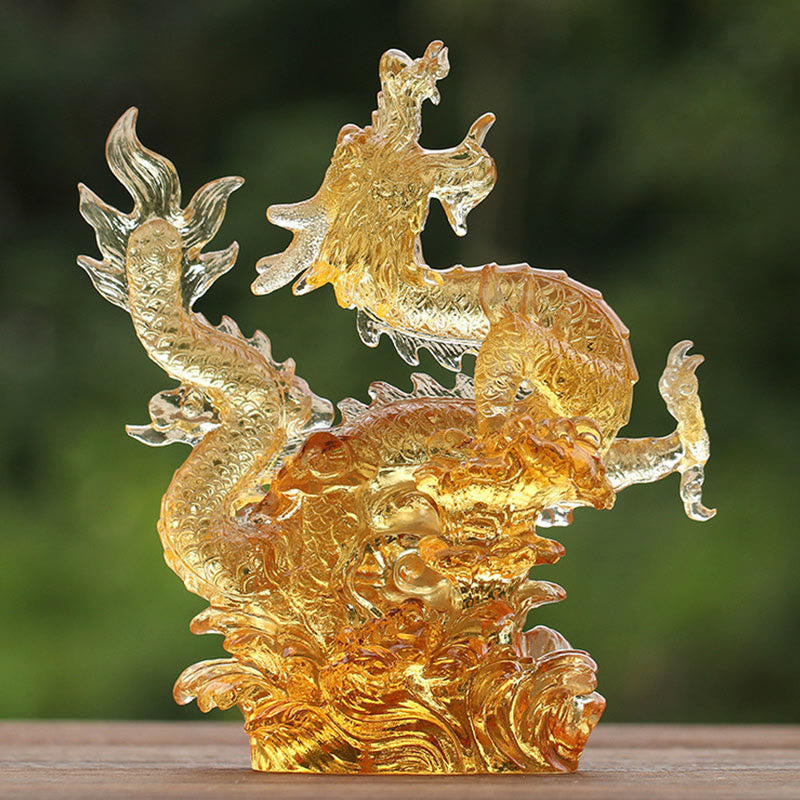 Buddha Stones Handmade Chinese Zodiac Yellow Dragon Liuli Crystal Art Piece Luck Protection Home Office Decoration