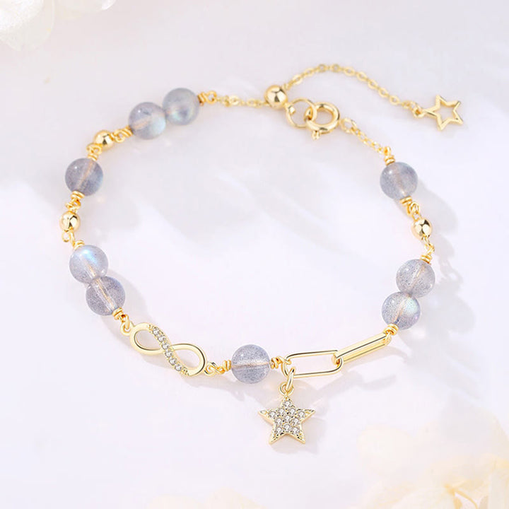 Buddha Stones 14K Gold Plated Natural Strawberry Quartz Moonstone Möbius Loop Eternal Love Star Positive Bracelet