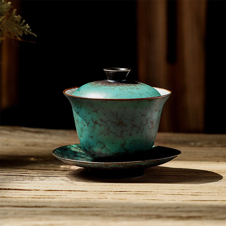 Buddha Stones Retro Green Glaze Ceramic Gaiwan Sancai Teacup Kung Fu Tea Cup And Saucer With Lid