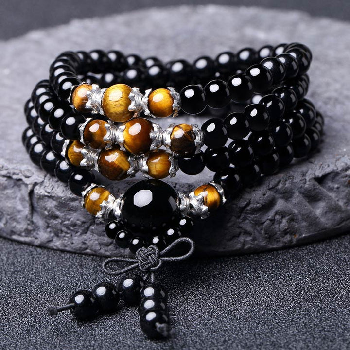 Buddha Stones 108 Beads Natural Black Obsidian Tiger Eye Mala Bracelet