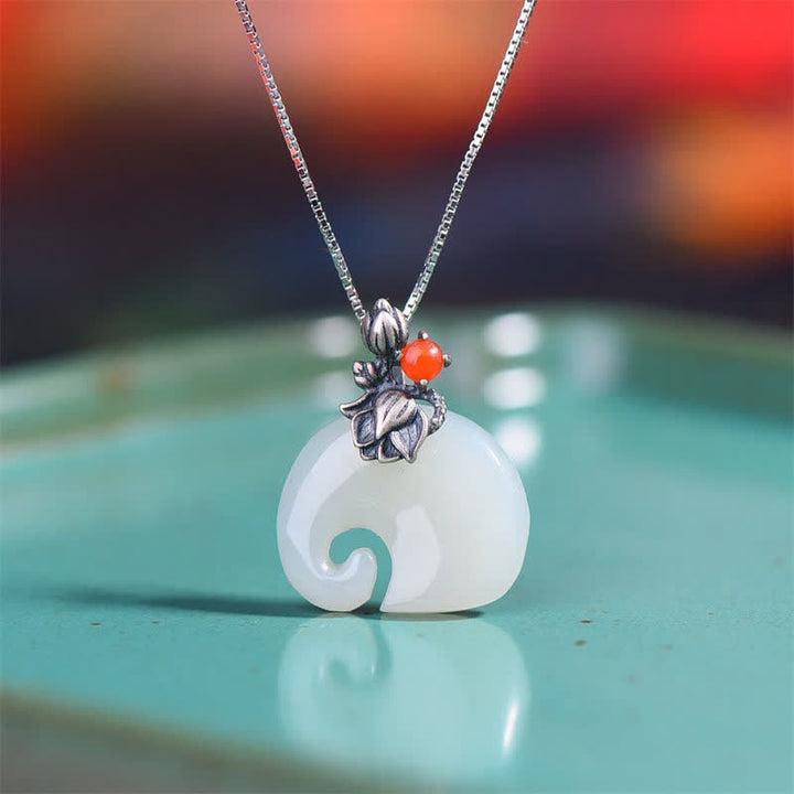 White Jade Elephant Lotus Protection Necklace Pendant