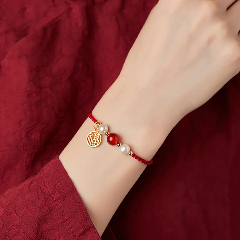 Buddha Stones 925 Sterling Silver Good Fortune Fu Character Agate Pearl Red String Braid Bracelet