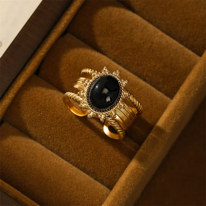 Buddha Stones 18K Gold Plated Black Obsidian Titanium Steel Strength Ring