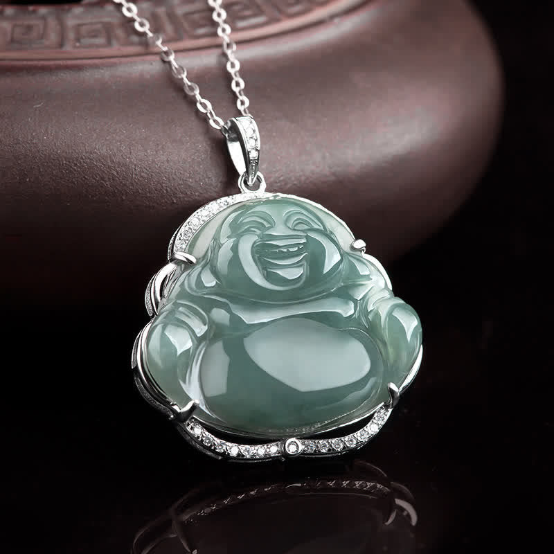 Buddha Stones 925 Sterling Silver Laughing Buddha Natural Jade Luck Necklace Chain Pendant