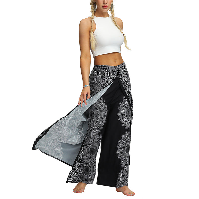 Buddha Stones Boho Pants Wide Leg Pants with Slits Sports Fitness Dance Women's Yoga Pants