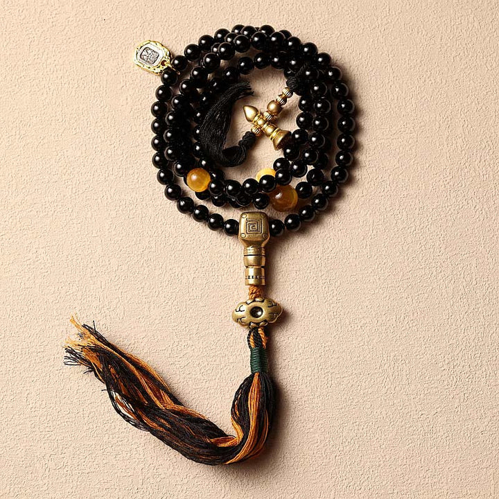 Buddha Stones Tibetan 108 Mala Beads Black Onyx Tiger Eye Beads Nine Palaces Bagua Protection Bracelet