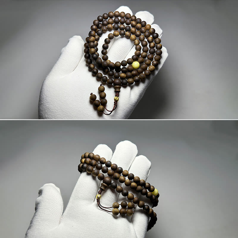 Buddha Stones 999 Gold Tarakan 108 Mala Beads Agarwood Amber Ward Off Evil Spirits Bracelet