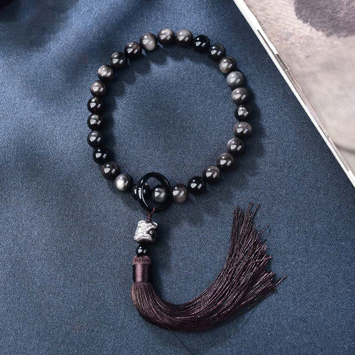 Natural Silver Sheen Obsidian Lion Wrist Mala Protection Tassels Pocket Mala Car Decoration