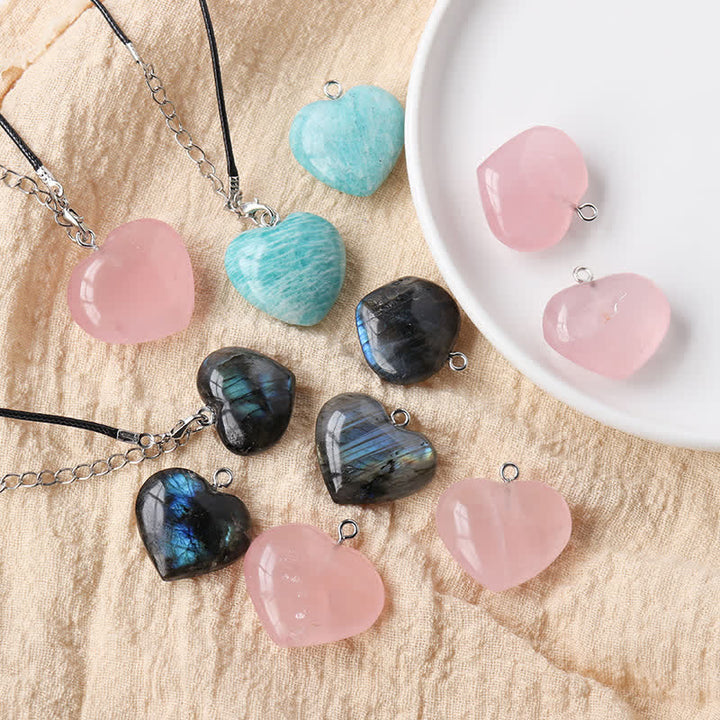 Buddha Stones Labradorite Amazonite Pink Crystal Love Heart Support Necklace Pendant