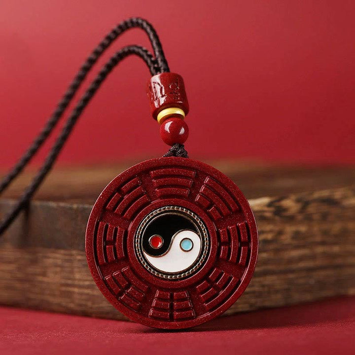 Buddha Stones Natural Cinnabar Bagua Rotatable Yin Yang Keep Away Evil Spirits Necklace Pendant