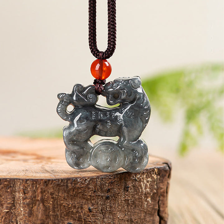 Buddha Stones Natural Jade Tiger Copper Coin Pattern Luck Necklace Pendant