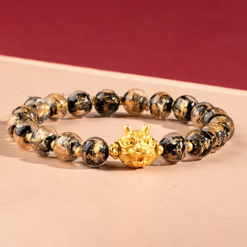 Buddha Stones Year of the Dragon Gold Foil Liuli Glass Bead Luck Bracelet