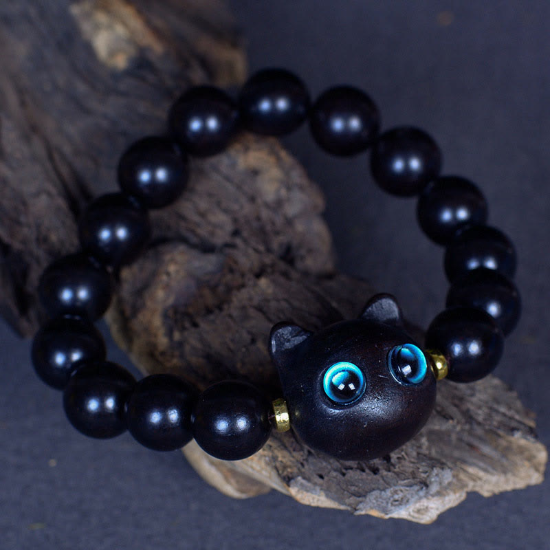 Buddha Stones Ebony Wood Liuli Glass Lovely Cat Peace Balance Bracelet