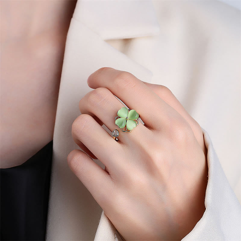 Buddha Stones Cat's Eye Four Leaf Clover Zircon Love Rotatable Ring