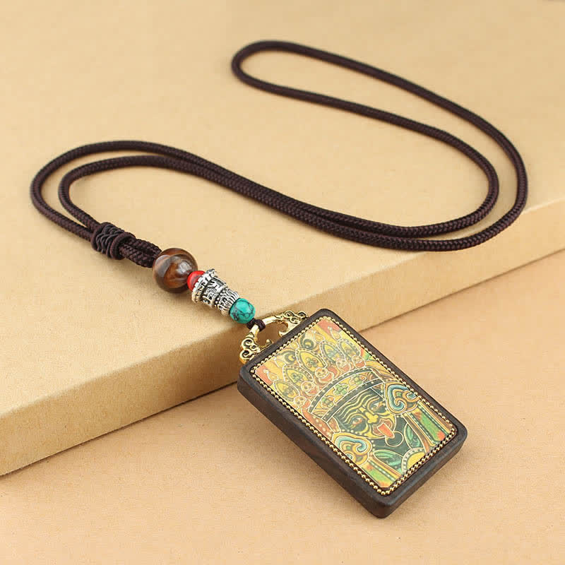 Buddha Stones Tibet God of Wealth Thangka Ebony Peace Necklace Pendant