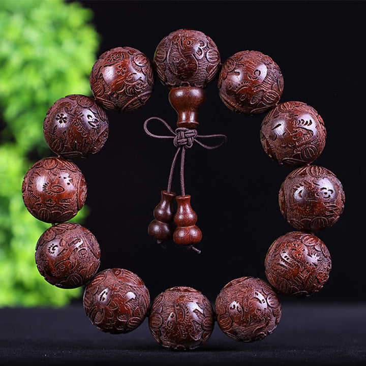 Buddha Stones Chinese Zodiac Rosewood Ebony Boxwood Copper Coin PiXiu Carved Warmth Bracelet