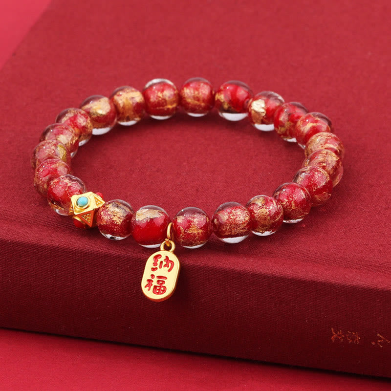 Buddha Stones Tibetan Incense Ash Liuli Glass Bead Lucky Fortune Fu Character Charm Bracelet