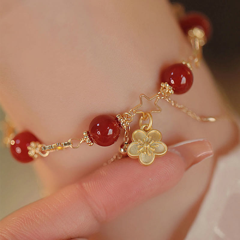 Buddha Stones 14k Gold Plated Red Agate Star Flower Charm Calm Bracelet