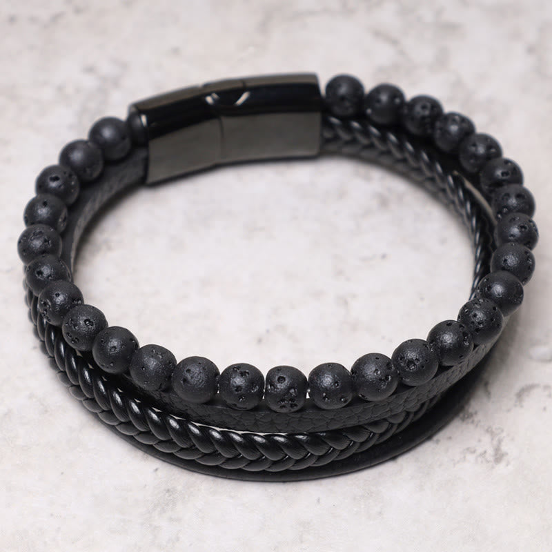 Buddha Stones Natural Lava Rock Black Onyx Bead Leather Bracelet