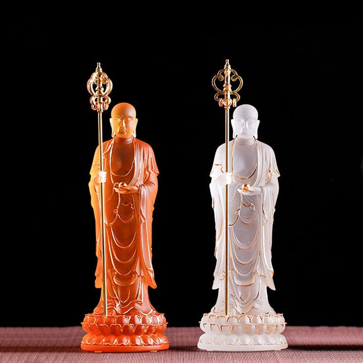 Buddha Stones Handmade Ksitigarbha Bodhisattva Figurine Liuli Crystal Art Piece Serenity Statue Home Decoration