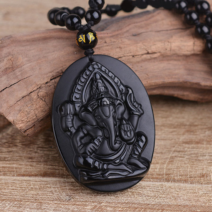 Buddha Stones Tibetan Obsidian Ganesh Ganpati Elephant Wealth Amulet Necklace