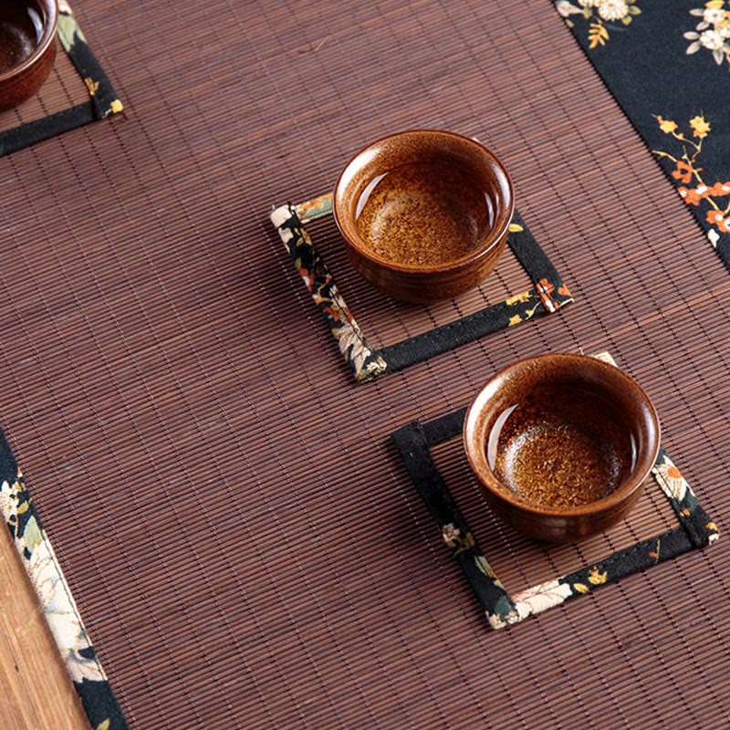 Buddha Stones Vintage Peony Flower Blossom Bamboo Cup Mat Pad Tea Cup Coaster Kung Fu Tea Mat