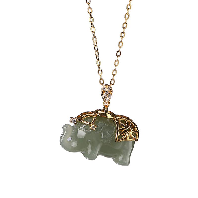 Buddha Stones 925 Sterling Silver Jade Elephant Blessing Fortune Necklace Chain Pendant